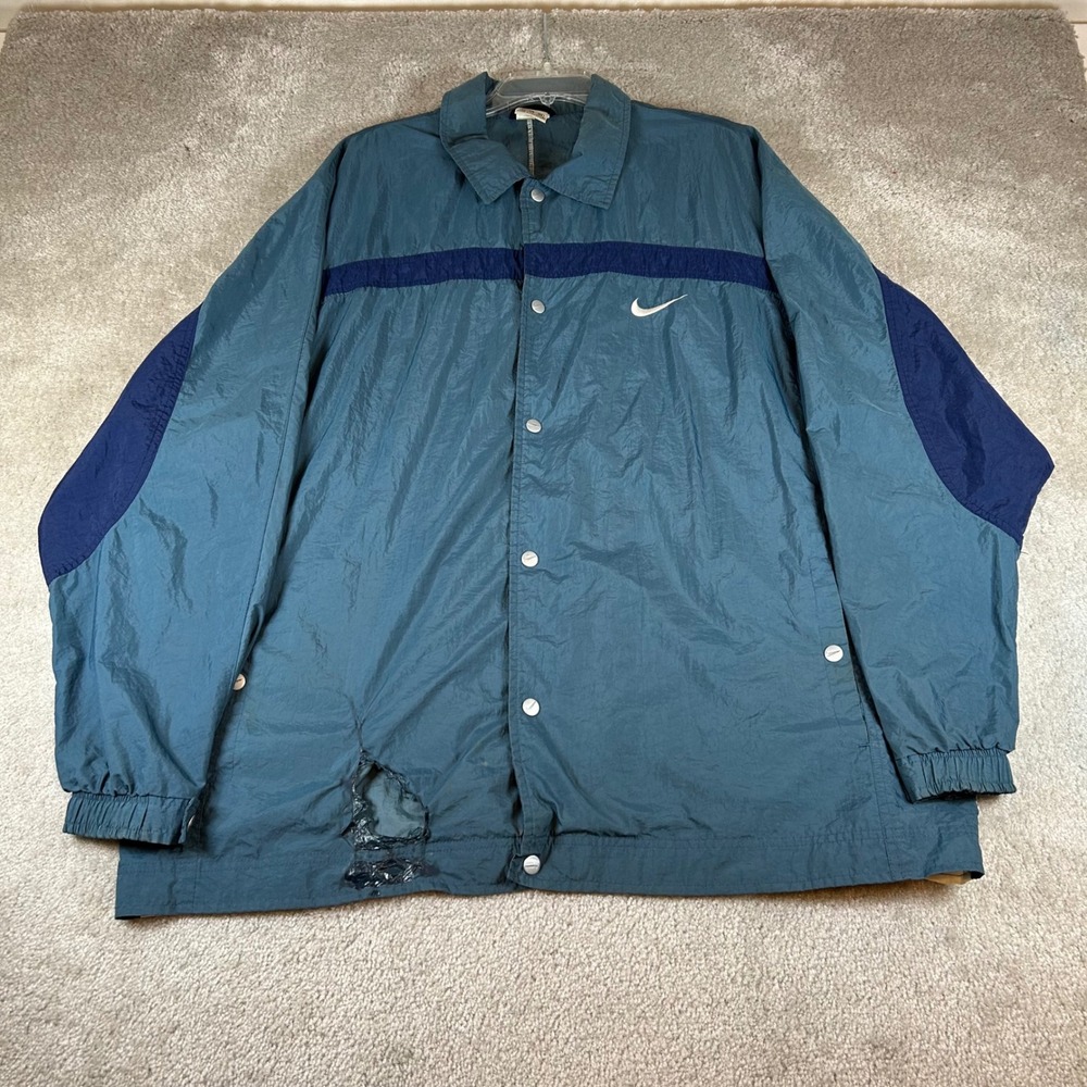 Vintage Nike Windbreaker Jacket Mens XXL Teal Blue Snap Front Distressed Logo